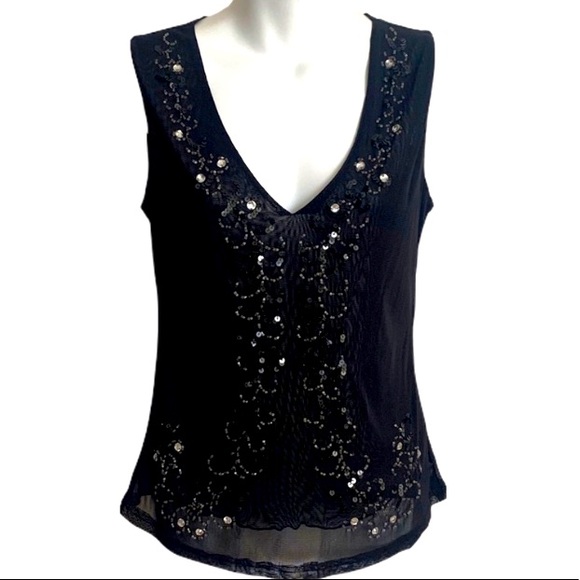 Wild Cat Tops Sequins And Beads Sheer Womens Dressy Tank Top Black